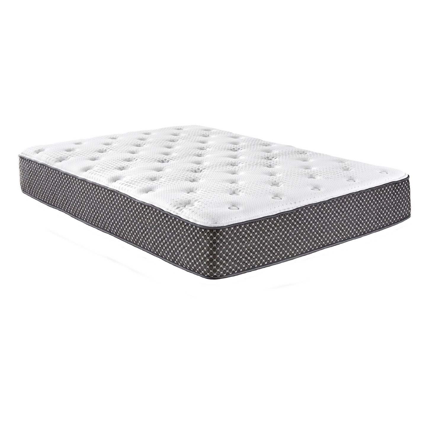 Lull 12" Hybrid Mattress complete image with white background. Dark grey circular quilted edge with white circle stitch quilted pattern. Dark grey welting on bottom mattress and large welt connecting top with side edge.