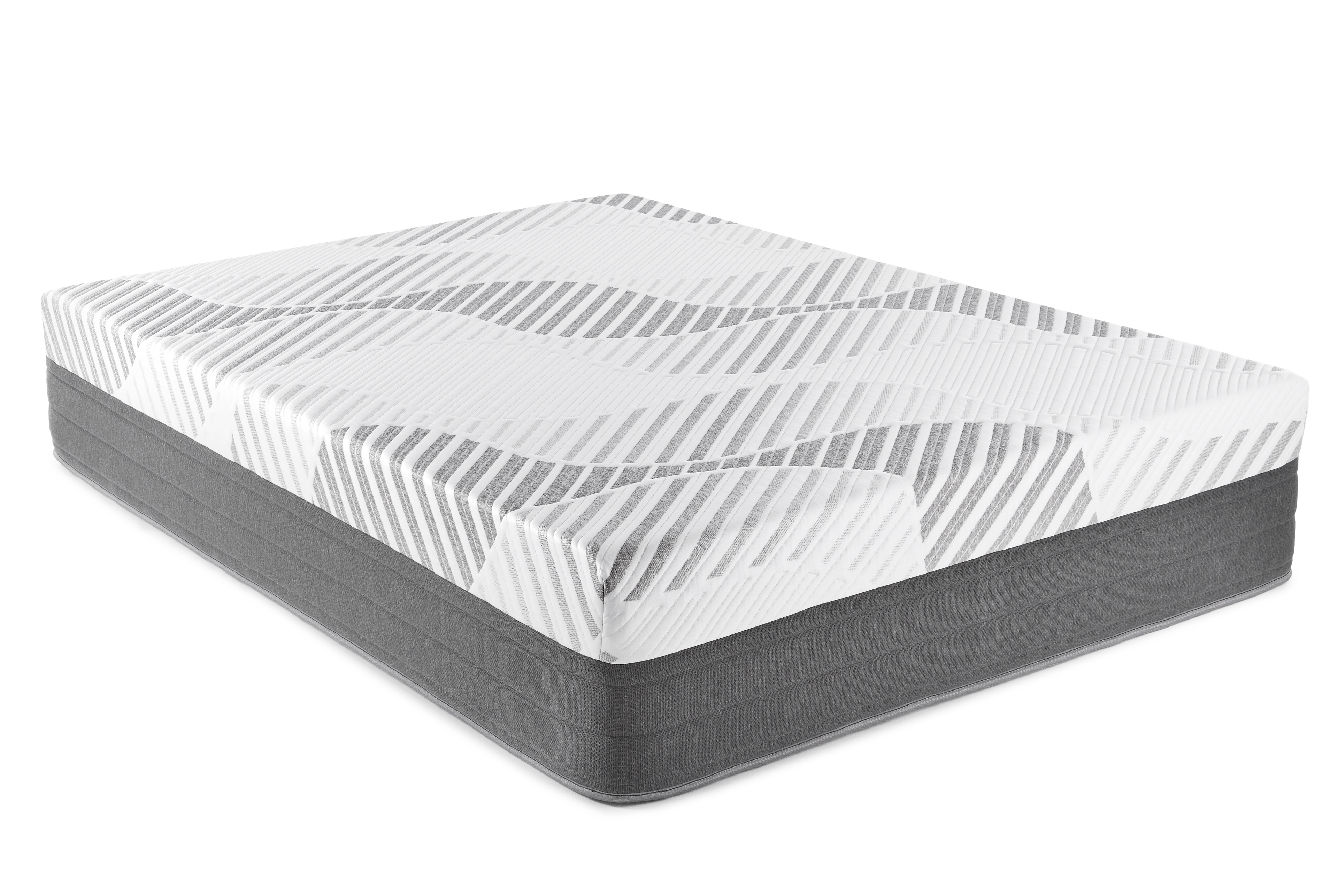 Sopor 14" Luxury Hybrid Mattress complete mattress view with white background. Dark grey side fabric and white dominant top fabric with grey pattern. Smooth tight top mattress without stitched welt quilting.