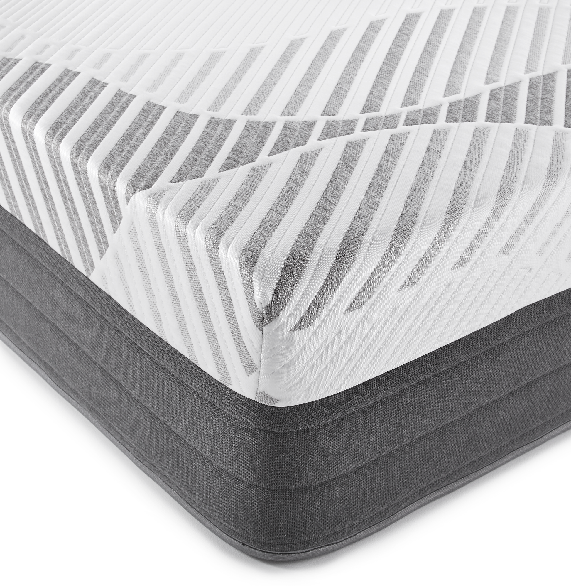 Sopor 14" Luxury Hybrid Mattress close up of the corner, dark padded side stich, Top white fabric wraps over the side connecting to the darker bottom side fabric. Large dark grey welt on the bottom of the mattress.