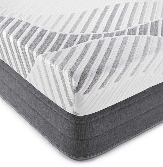 Sopor 14" Luxury Hybrid Mattress close up of the corner, dark padded side stich, Top white fabric wraps over the side connecting to the darker bottom side fabric. Large dark grey welt on the bottom of the mattress. 